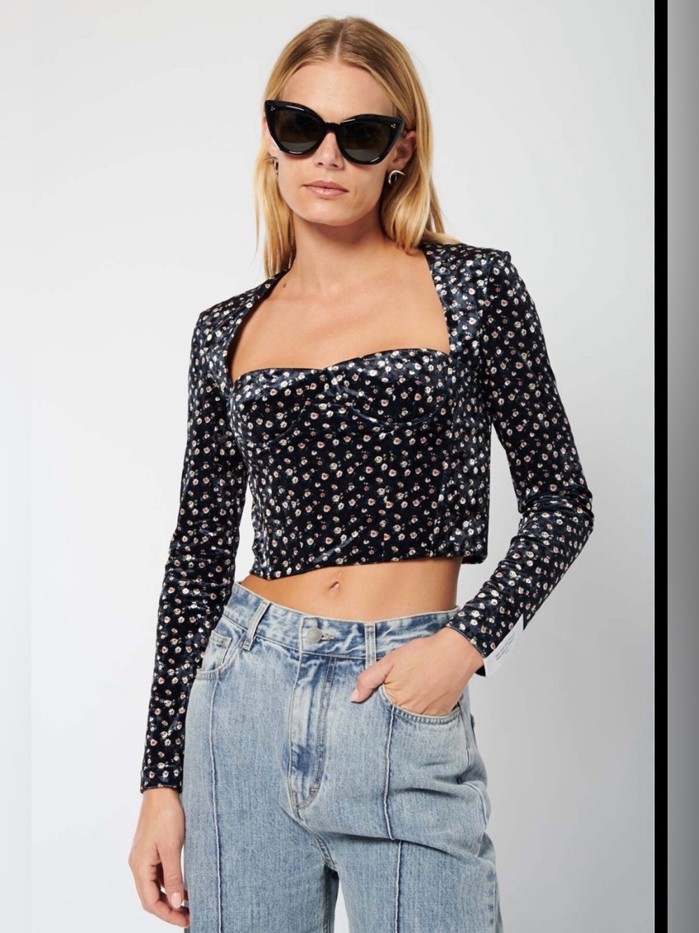Rokh Floral Square Neck Crop Top Long Sleeve Structured Bustier Top NWOT